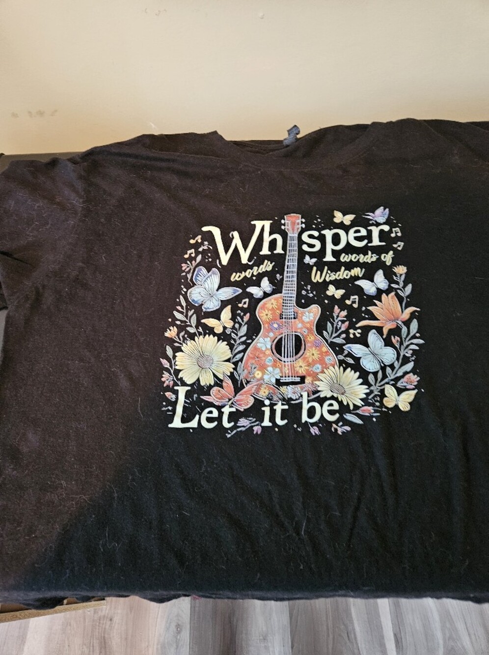 Ladies 2 Xl Whisper 'Let It Be' Black Graphic Guitar Tee